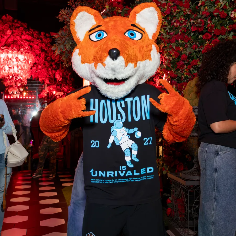 Diesel, mascot of the NWSL’s Houston Dash, in the Houston is Unrivaled tee