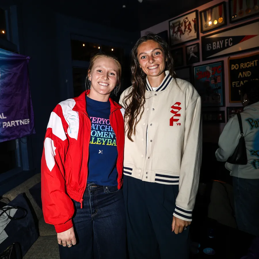Kara Bajema (right) of LOVB’s San Francisco Signal, joining the party at Rikki’s